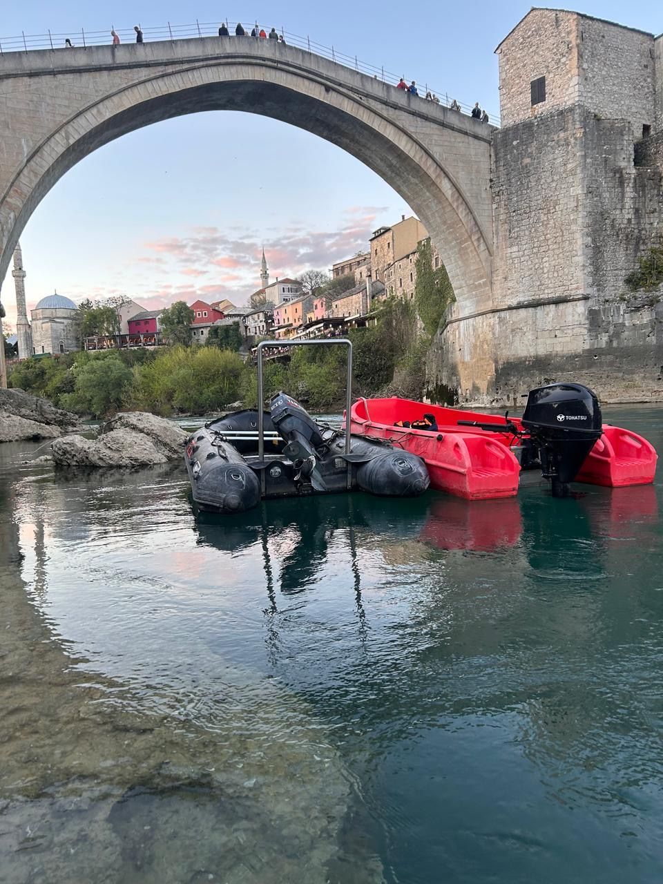 The Stari Most in Mostar at sunset, seen from the river