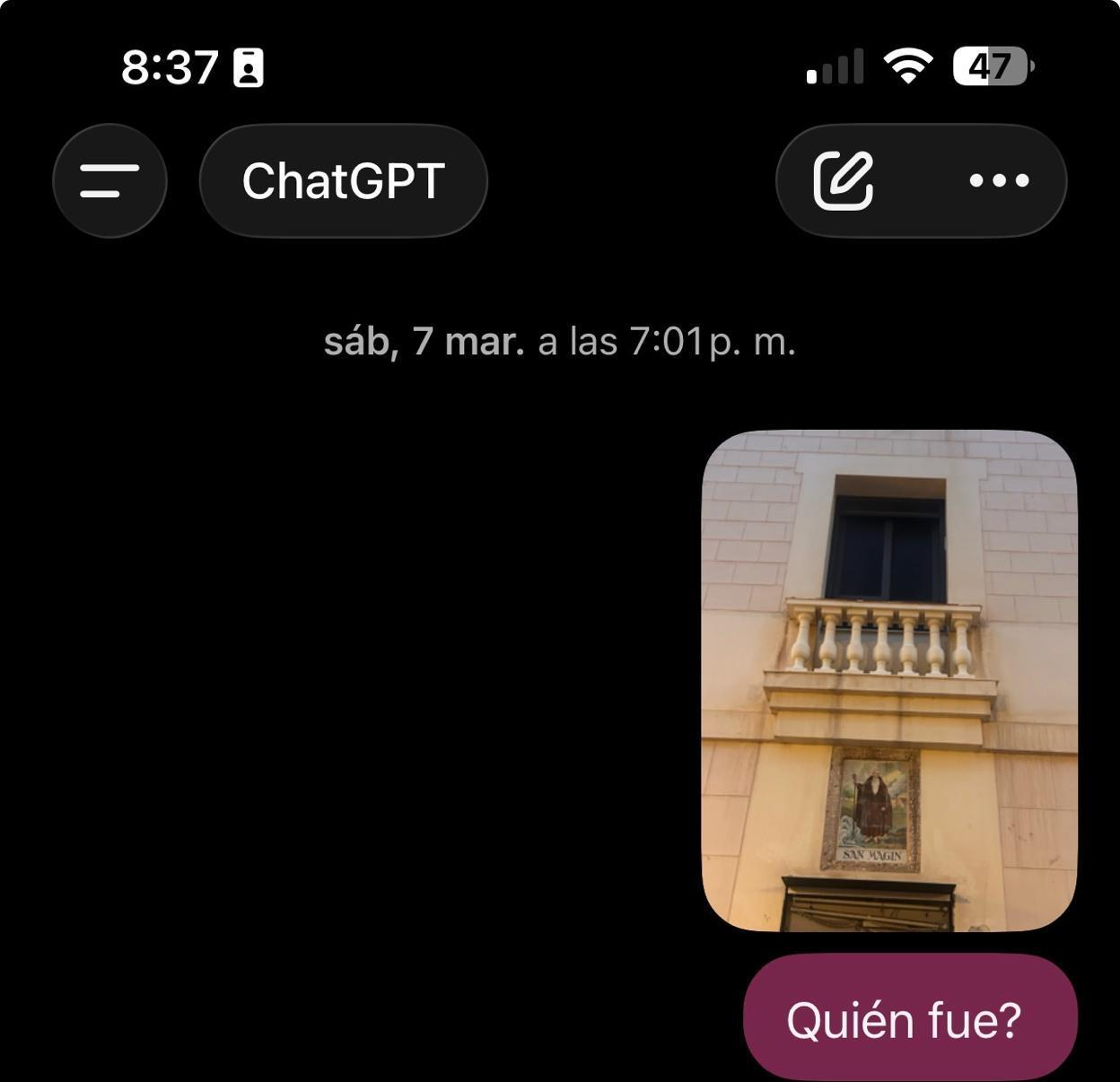 Screenshot of a ChatGPT conversation: a photo of the Sant Magí tile in Sitges and the question of who he was