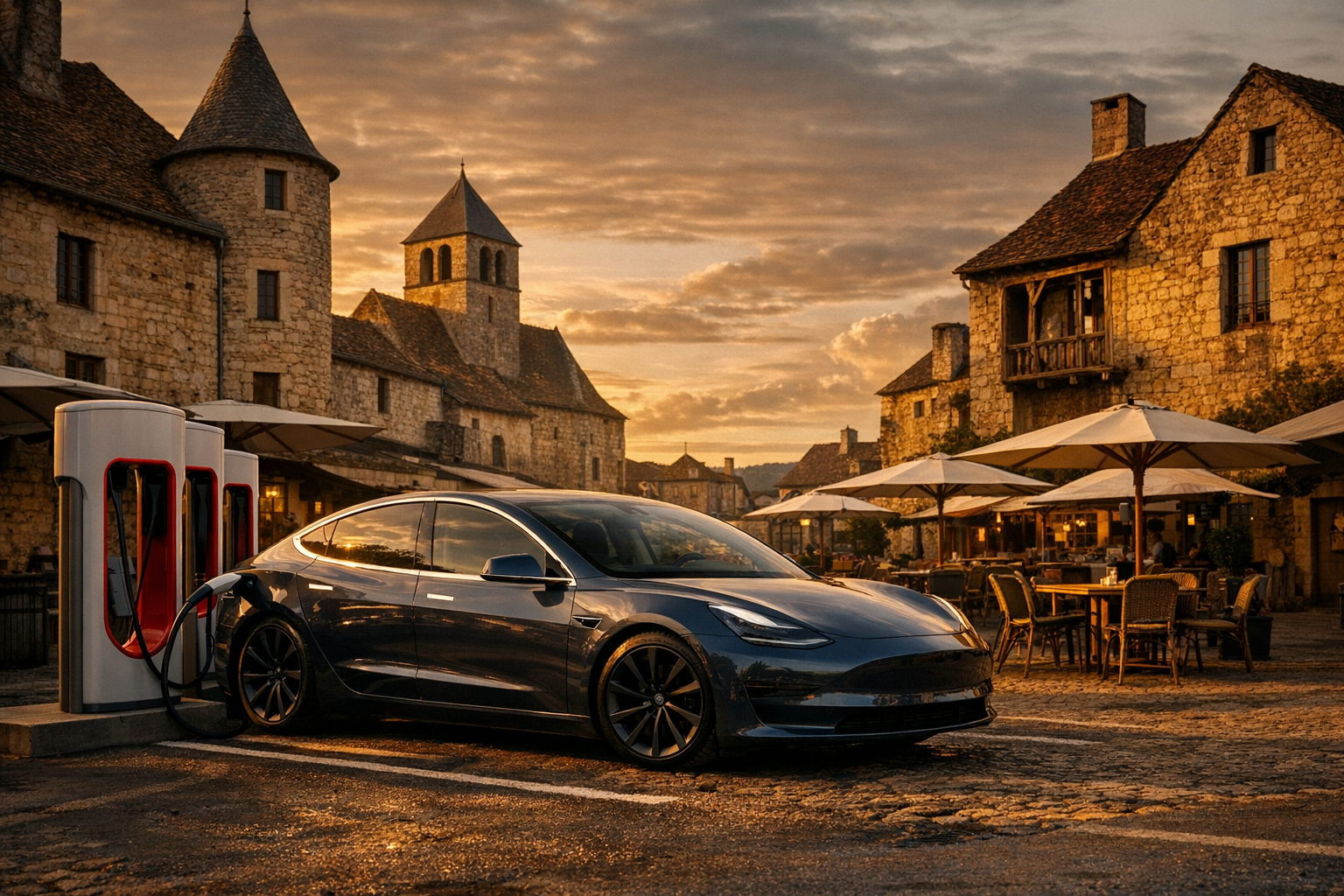 Tesla parked in a French village square next to a Supercharger