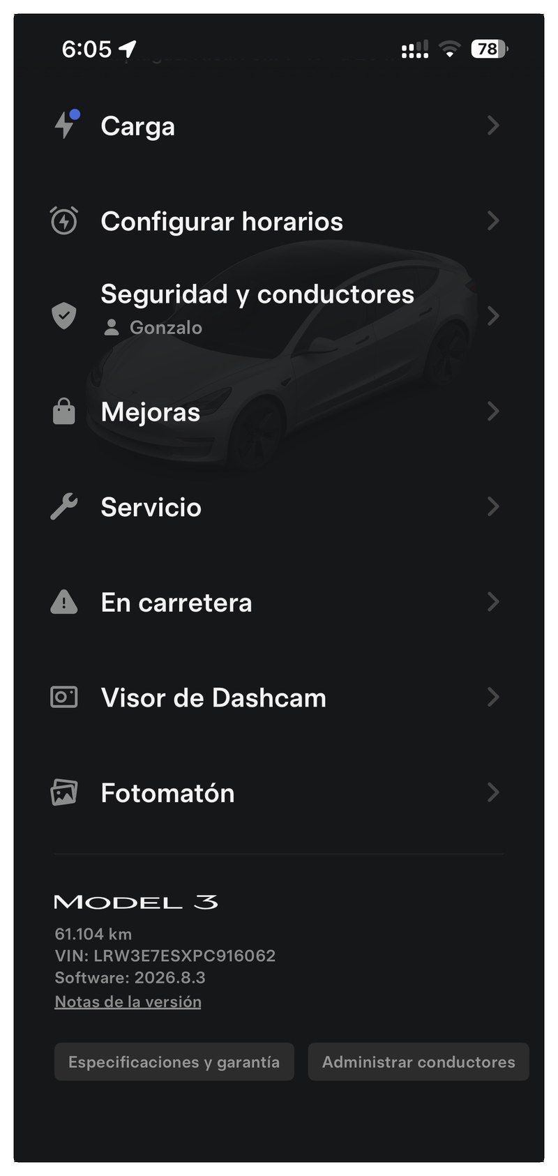 Tesla app showing 61,104 km on the odometer