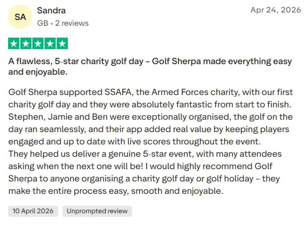 TrustPilot 5 star review - Golf day