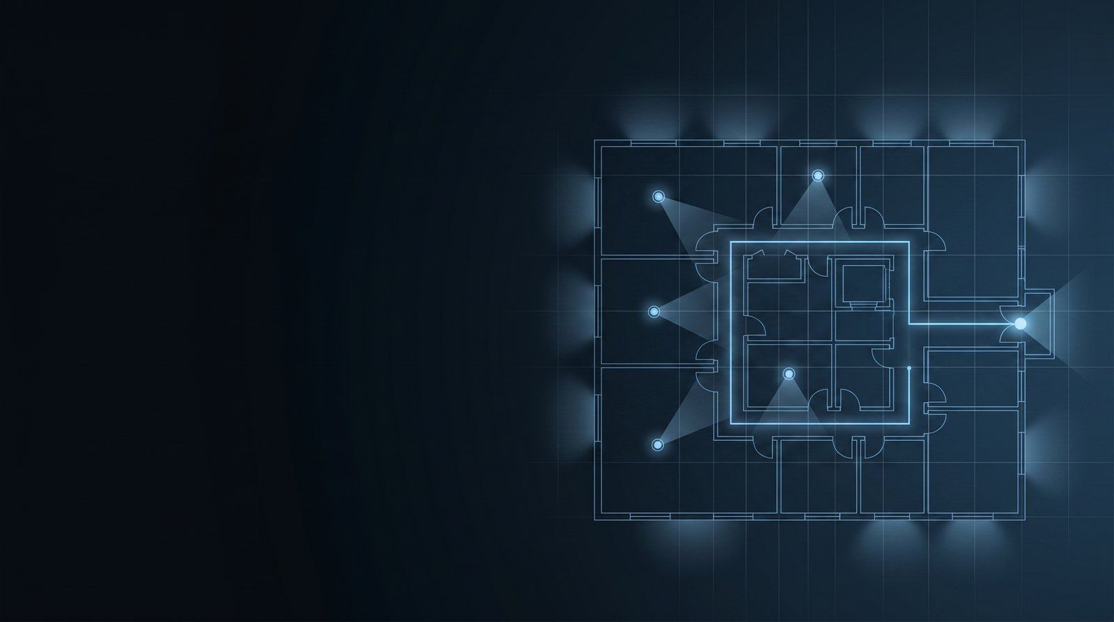 Building floor plan with security lighting: an illuminated escape route and light pools along the edges.