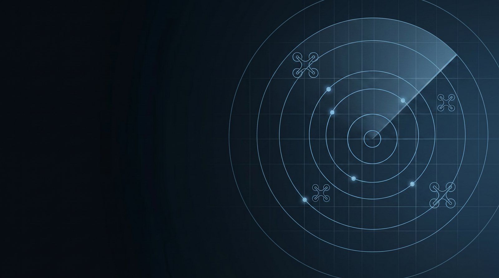 Abstract counter-drone defense: radar rings with sweep arc and detected drone glyphs.