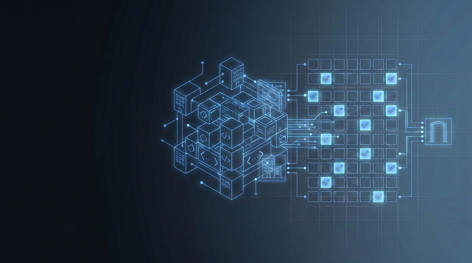 Abstract depiction of development and integration: modular building blocks assembling into a system and connecting to existing infrastructure.