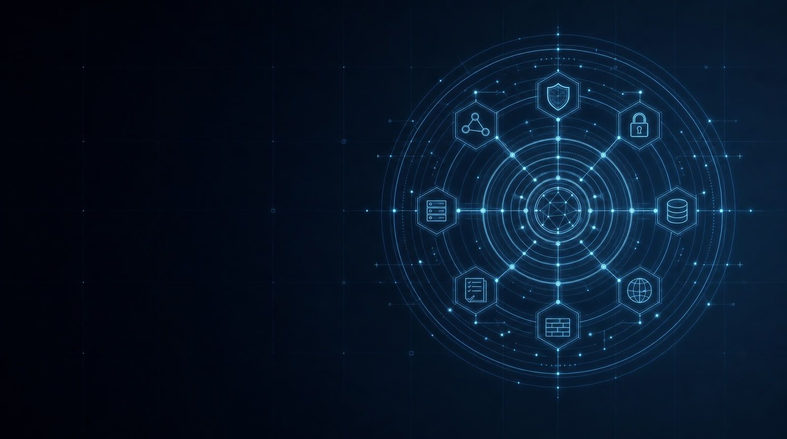 Abstract visualization of a layered security architecture with interconnected protective layers