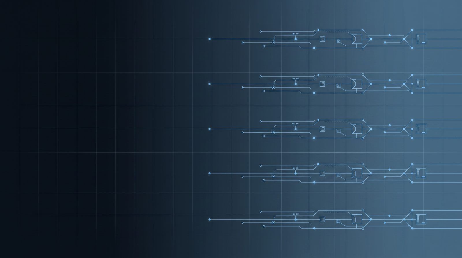Abstract visualization of sector programs: parallel modular industry lanes built on a common foundation.