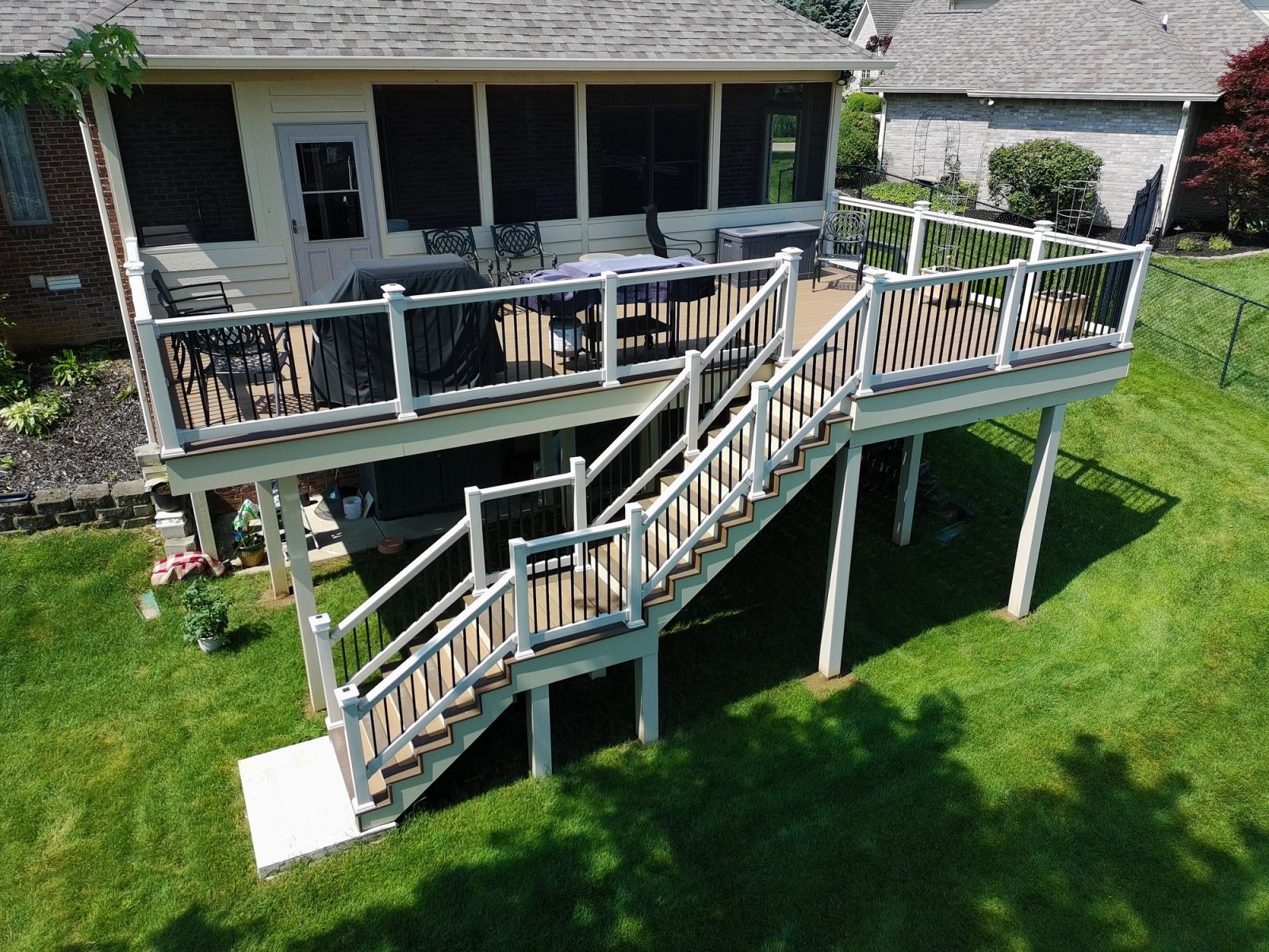 Gary Indiana residential deck construction with composite materials and integrated stairs