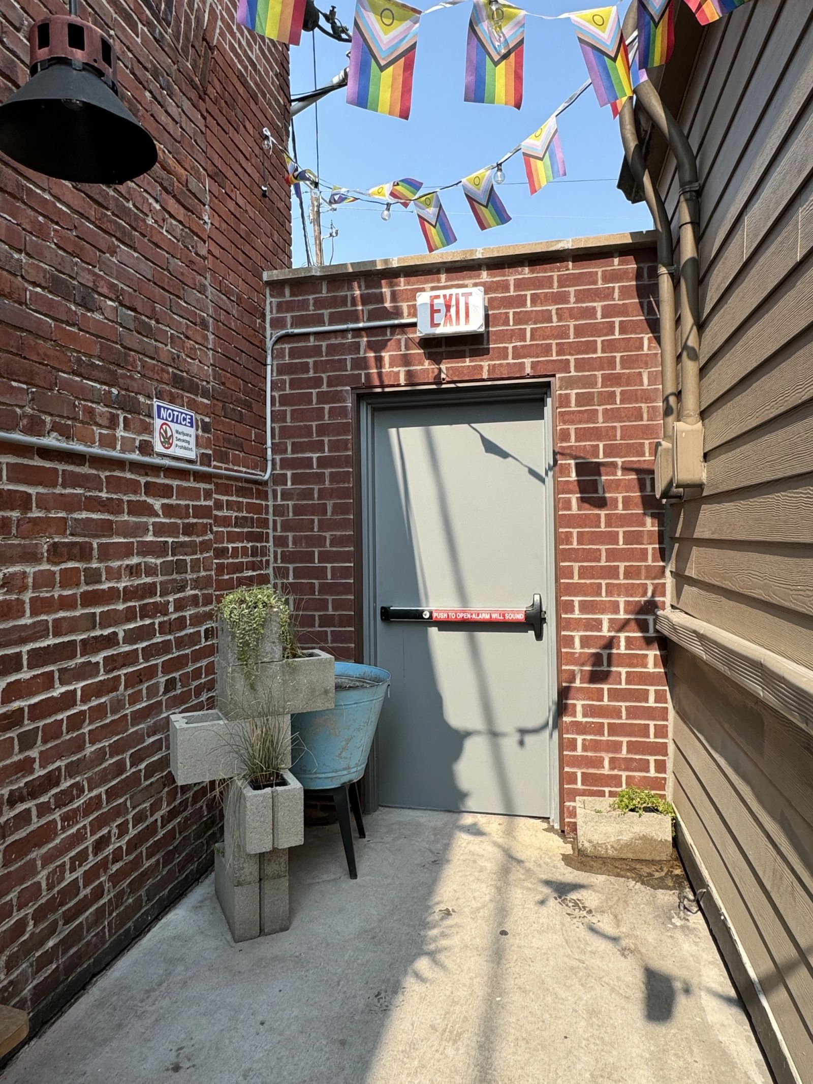 Indianapolis commercial brick shed construction showing tight urban workspace