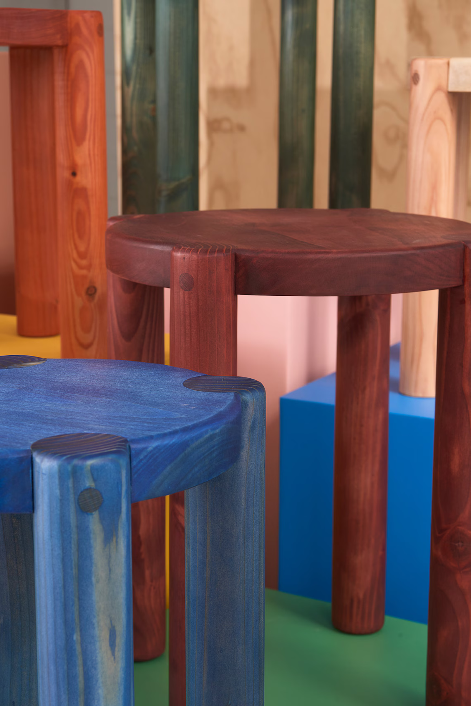 Bonnet Stools in blue and burgundy