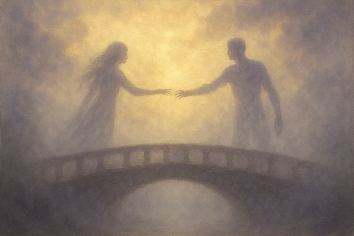 Two silhouetted figures reaching toward each other across a misty bridge under golden light