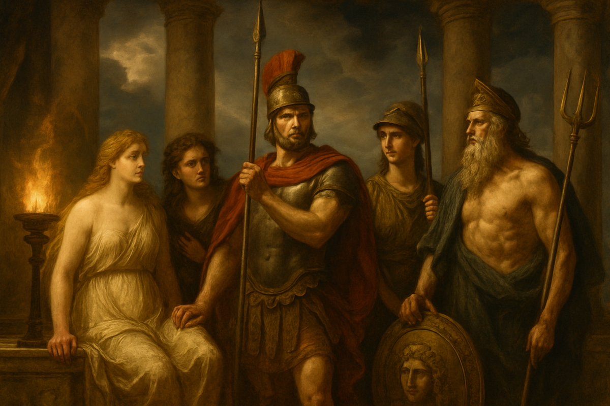 Ares surrounded by his divine allies and rivals on Mount Olympus