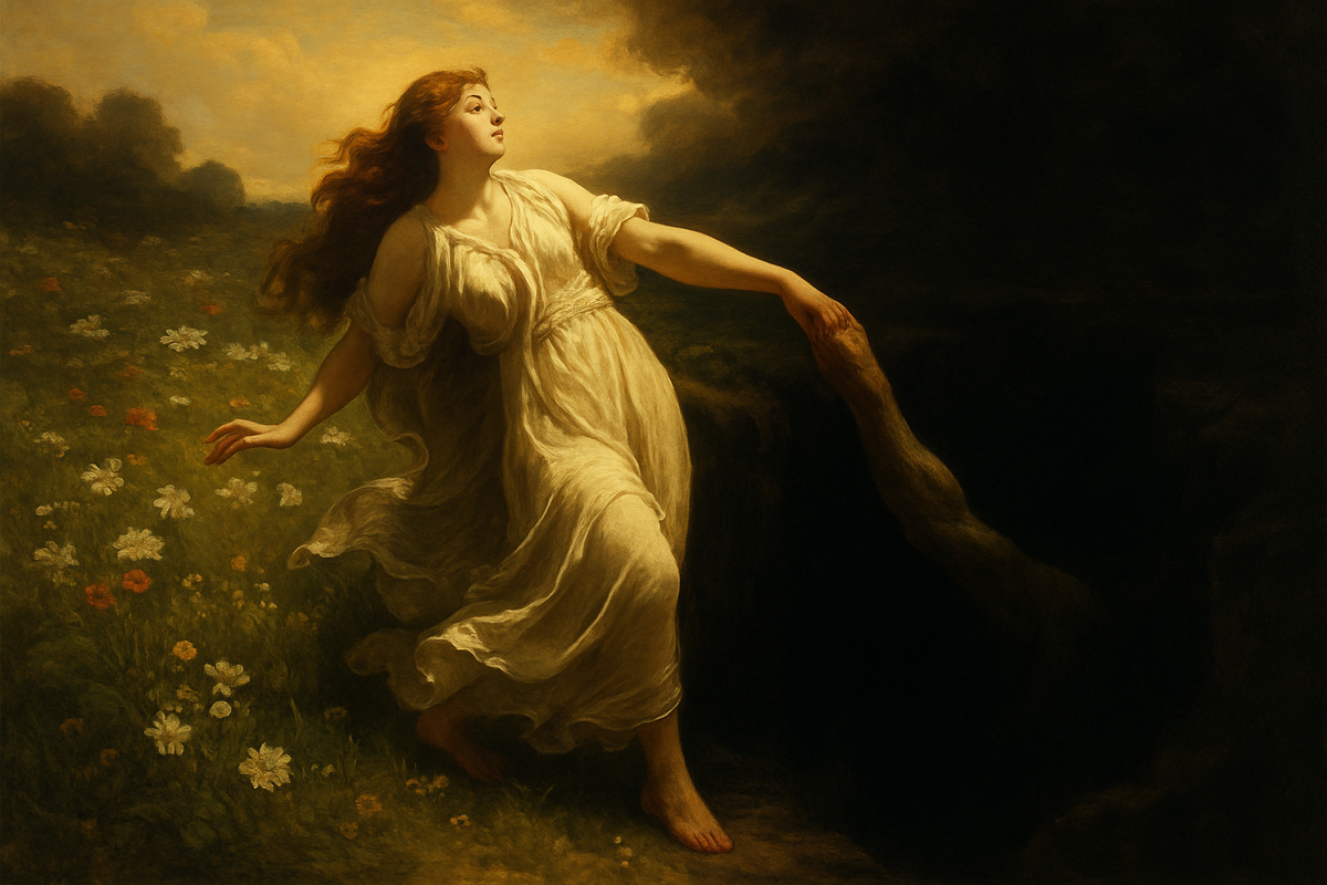 Persephone being drawn from a flowering meadow into the underworld chasm