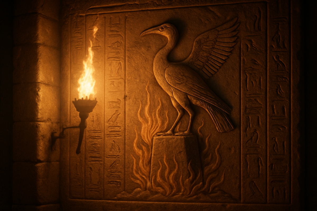 Ancient carving of the Egyptian Bennu bird rising from fire at a temple