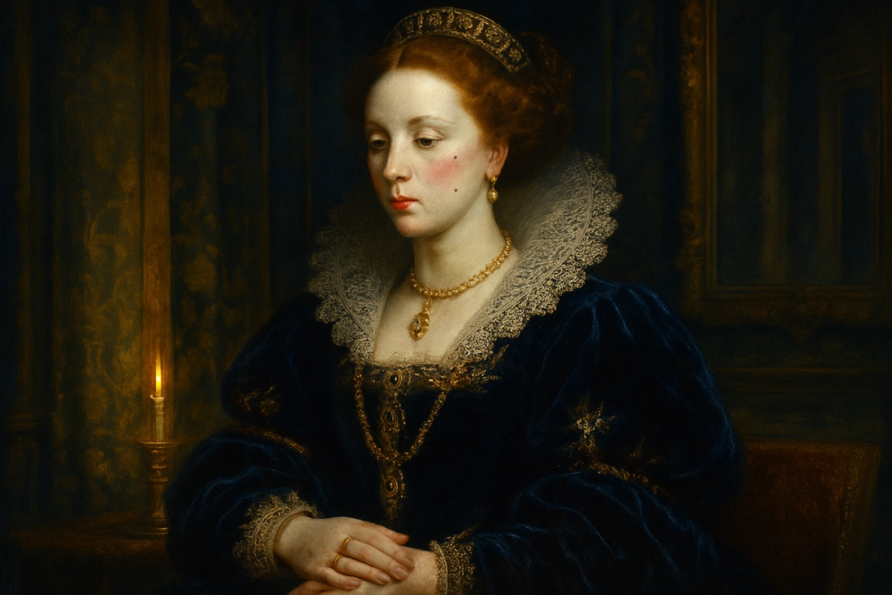 Renaissance noblewoman with powdered face and painted lips