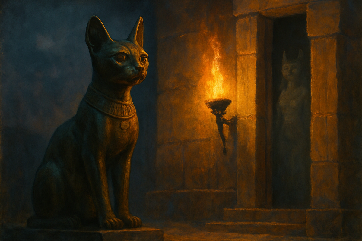 Bronze Egyptian cat statue guarding a temple doorway at dusk