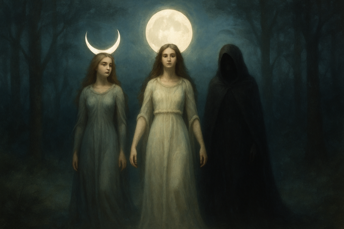 Symbolic depiction of the triple moon goddess representing Selene, Artemis, and Hecate