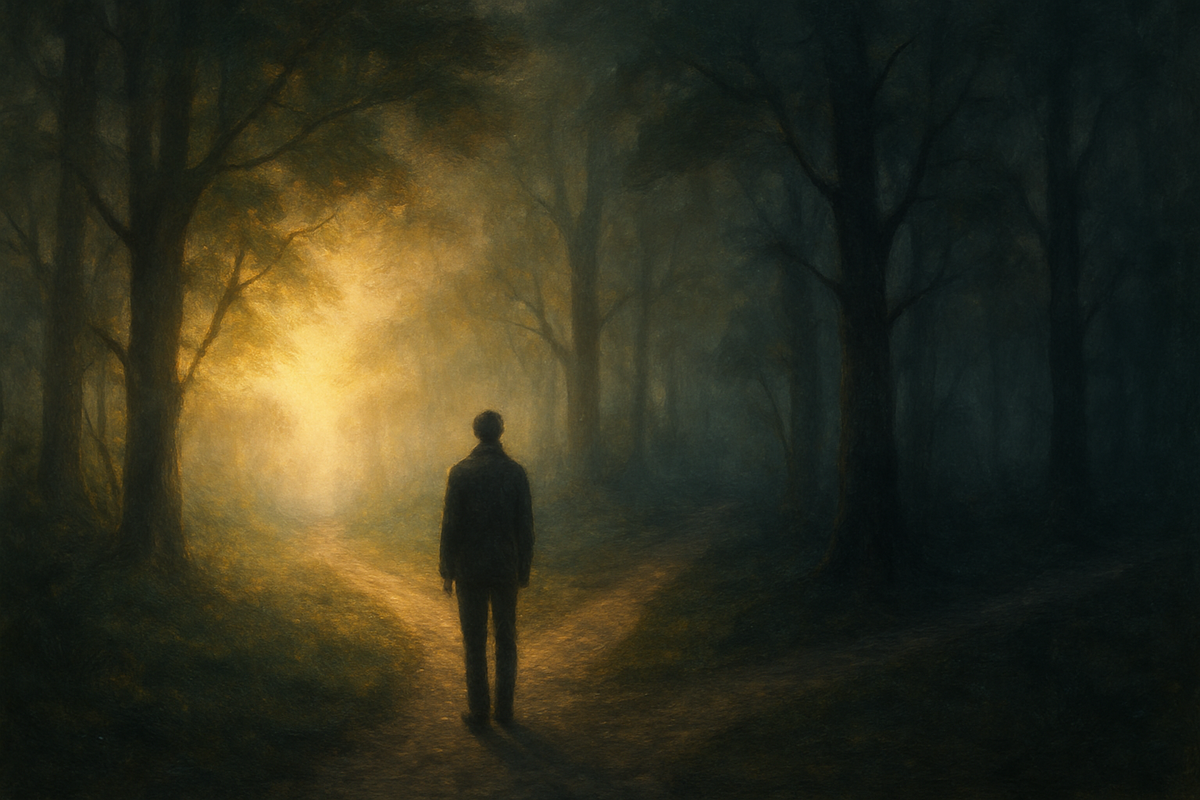 A person at a misty forest crossroads facing a choice between two paths
