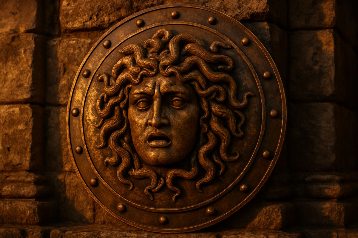 Ancient carved Gorgoneion shield depicting Medusa's protective face