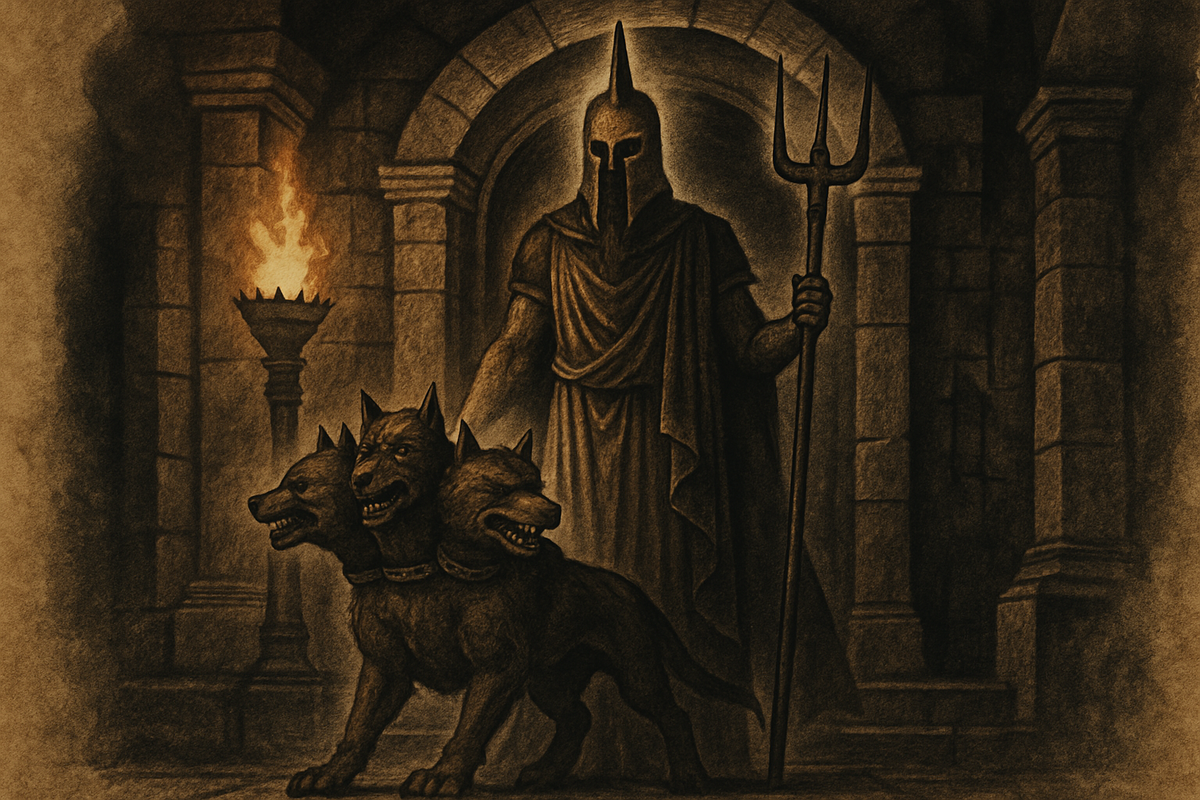 Hades god of the underworld with his bident and the three-headed dog Cerberus