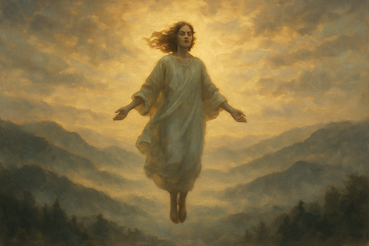Person floating peacefully above misty mountains at dawn symbolizing a flying dream