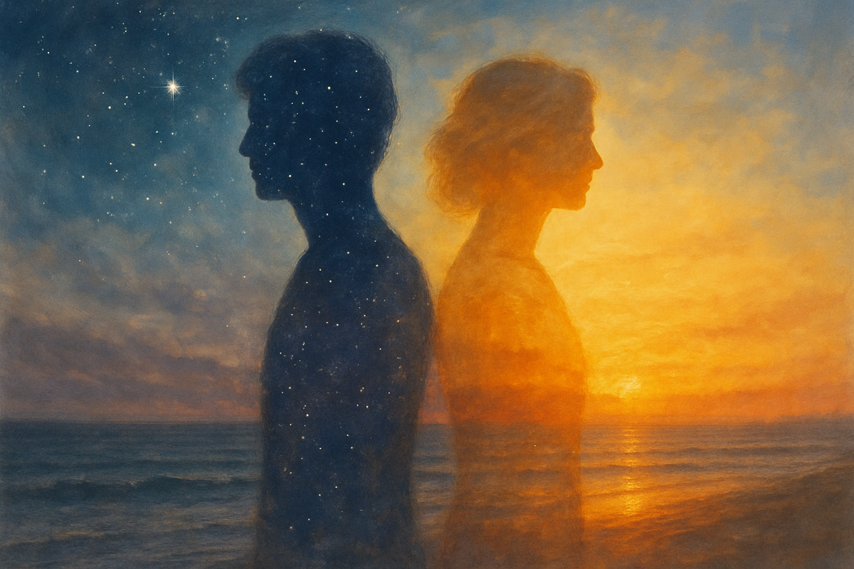 Two silhouetted figures symbolizing twin flame connection under a merging sunset and starry sky