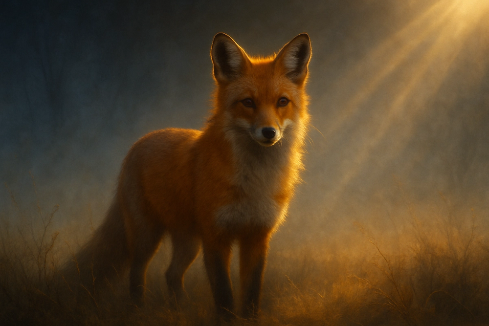 A red fox standing alert in a misty golden field at dawn, symbolizing intuition and independence