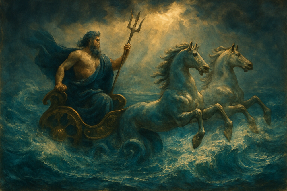 Mythological painting of Poseidon's chariot pulled by hippocampi sea creatures through ocean waves