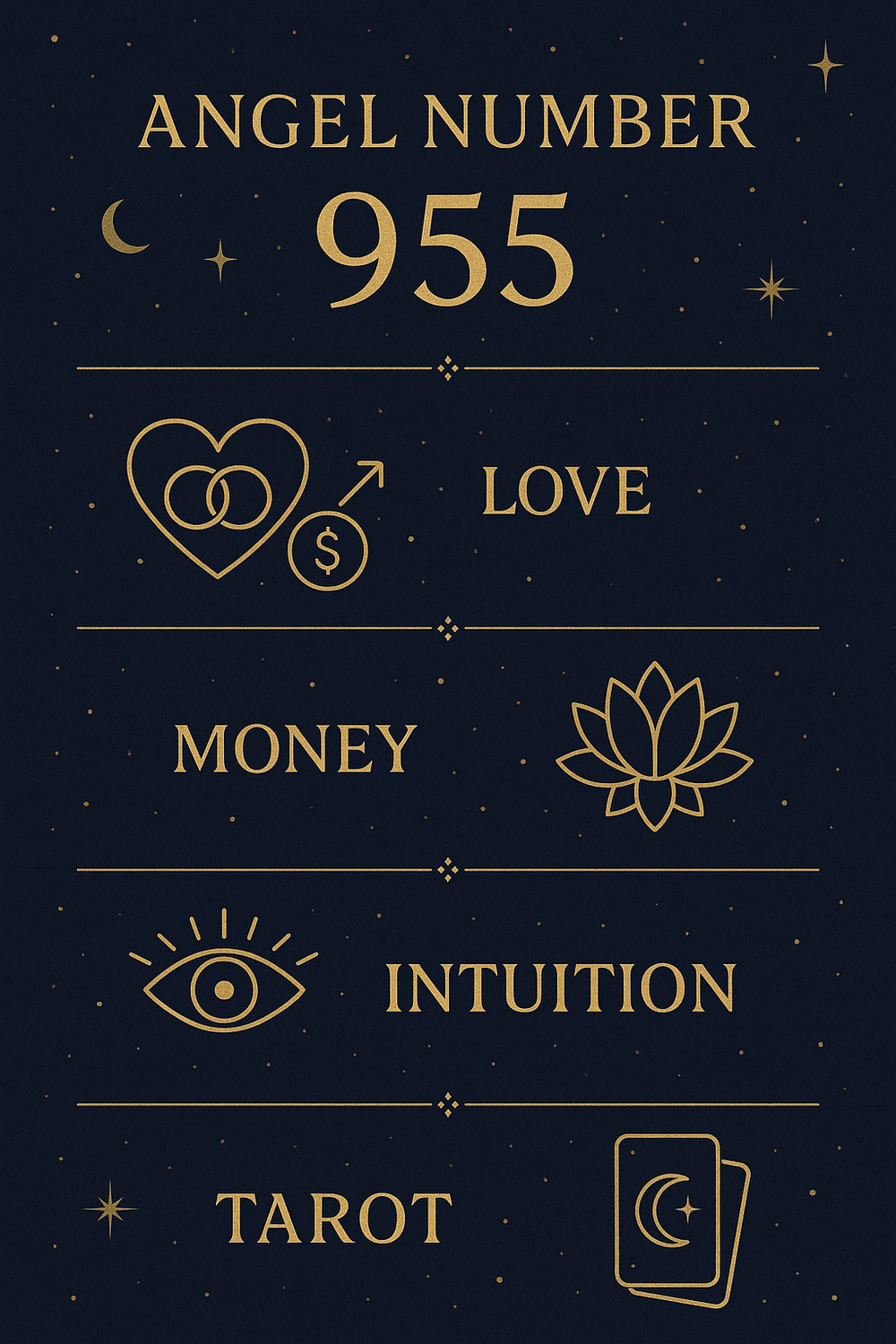 Infographic showing the key meanings of angel number 955 across love, money, growth, intuition, crystals, and tarot
