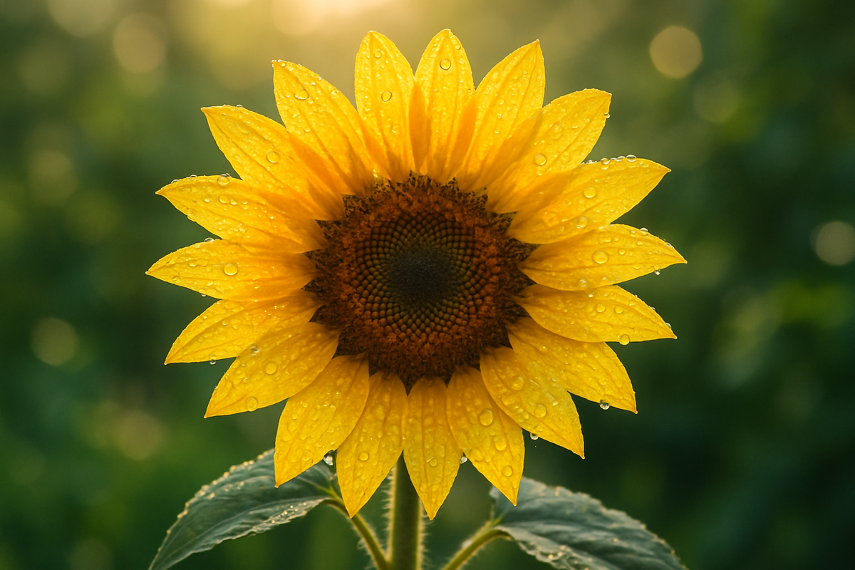 Close-up of a golden sunflower glowing in soft morning sunlight