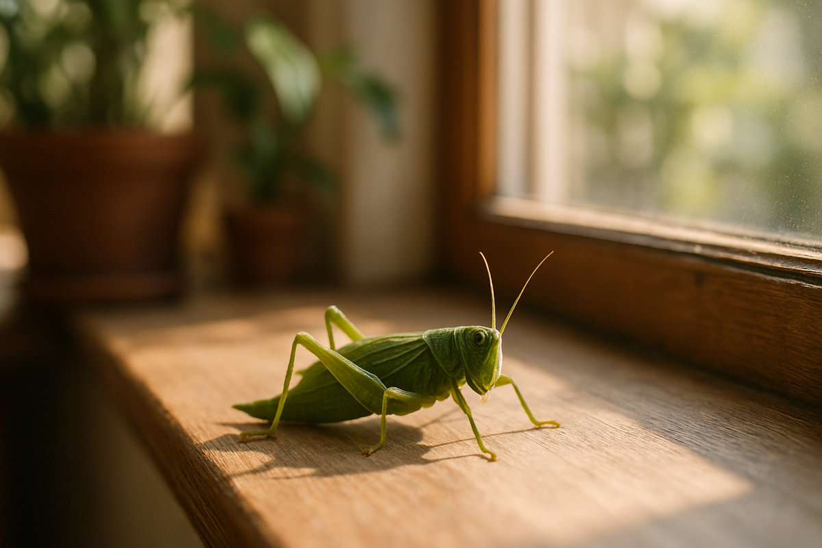 Grasshopper resting on a home windowsill, spiritual meaning of grasshopper in the house