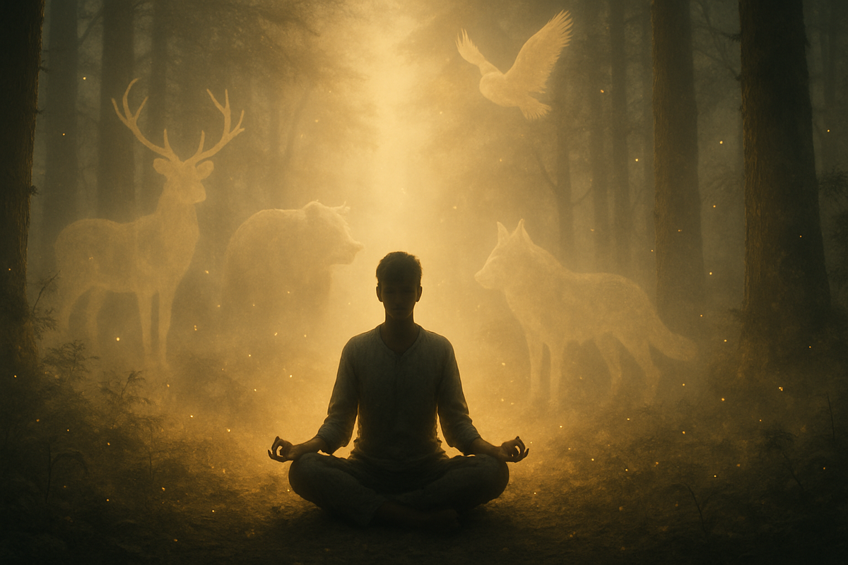 Person meditating in a forest surrounded by faint glowing spirit guide silhouettes