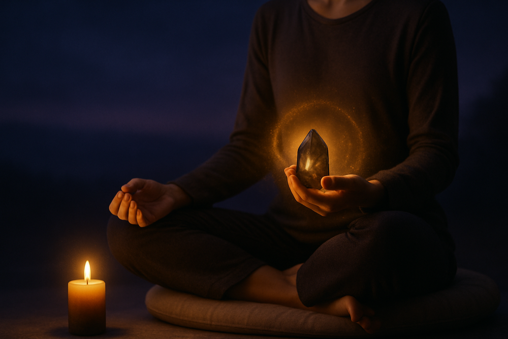 Person meditating with crystals for Sagittarius energy
