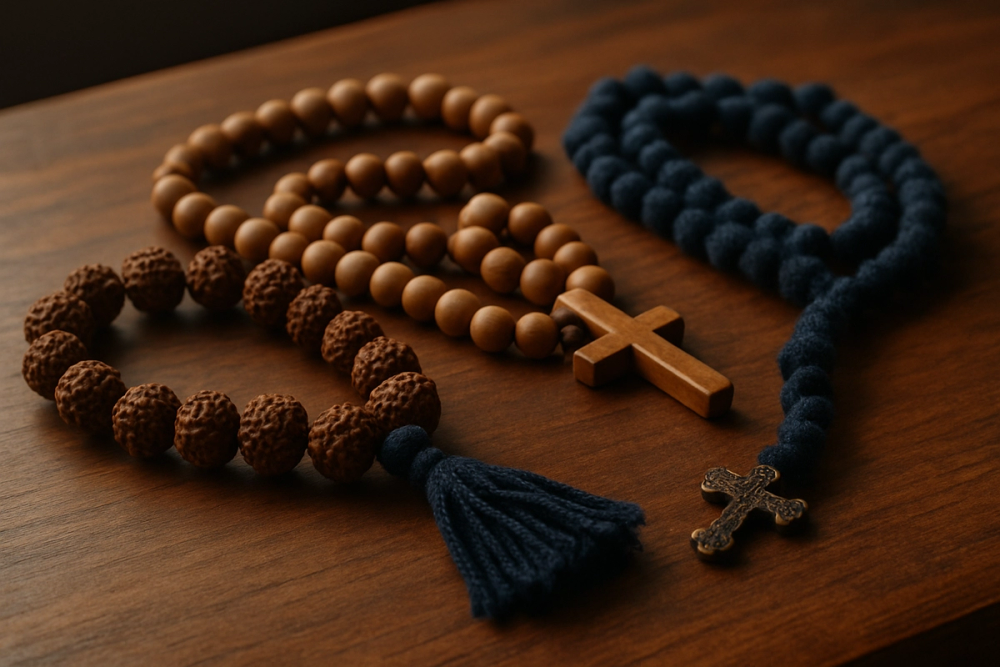 Assortment of prayer beads made from different materials including wood, seeds, and wool