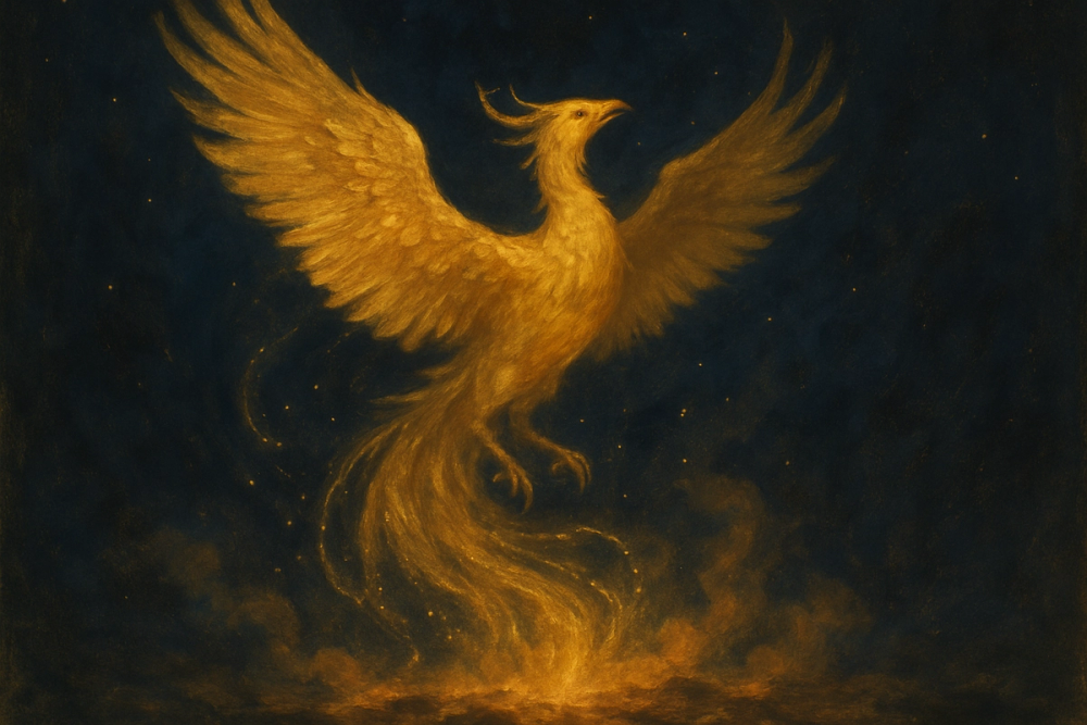 Phoenix rising from ashes symbolizing transformation