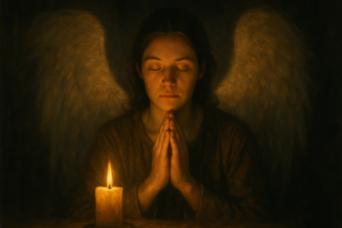 A person praying quietly by candlelight with a faint angelic glow behind them