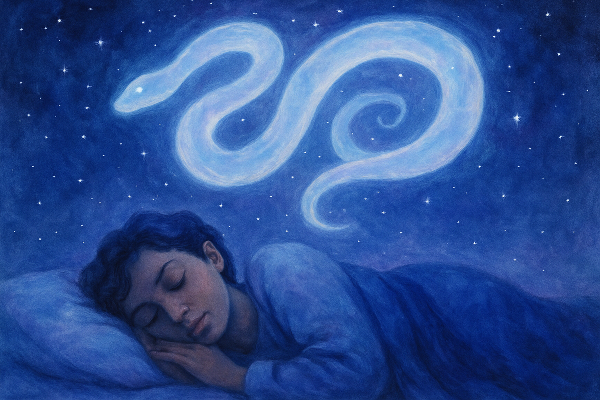Ethereal illustration of a glowing snake above a sleeping person representing snake dream meaning