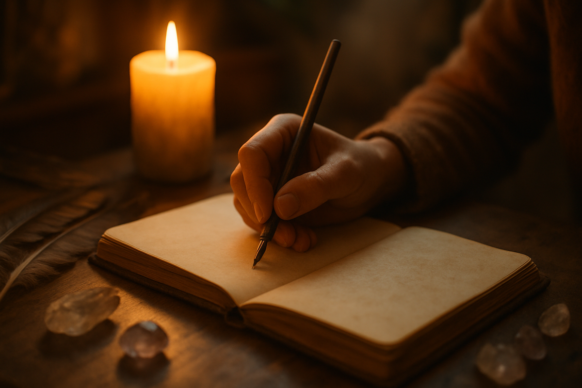 A person journaling by candlelight in a quiet spiritual setting