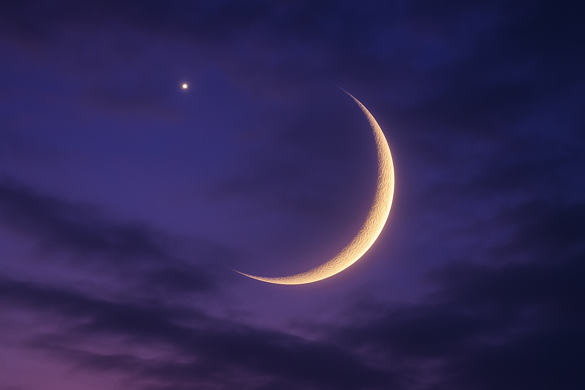 Crescent moon glowing softly against a twilight sky
