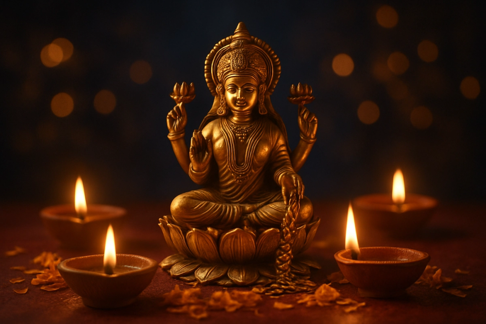Golden statue of Goddess Lakshmi surrounded by glowing diyas during Diwali