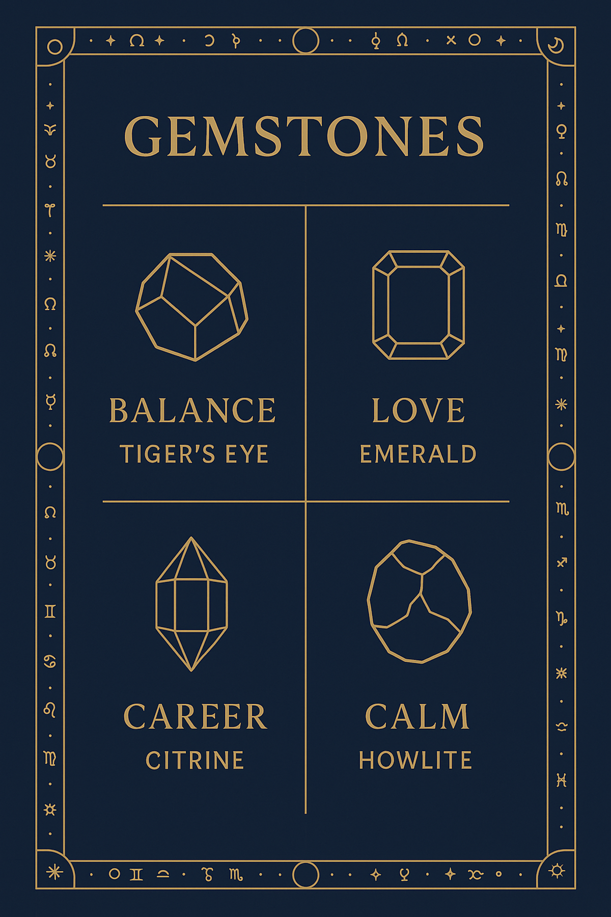 Infographic showing which crystal to use for Gemini balance, love, career, and calm