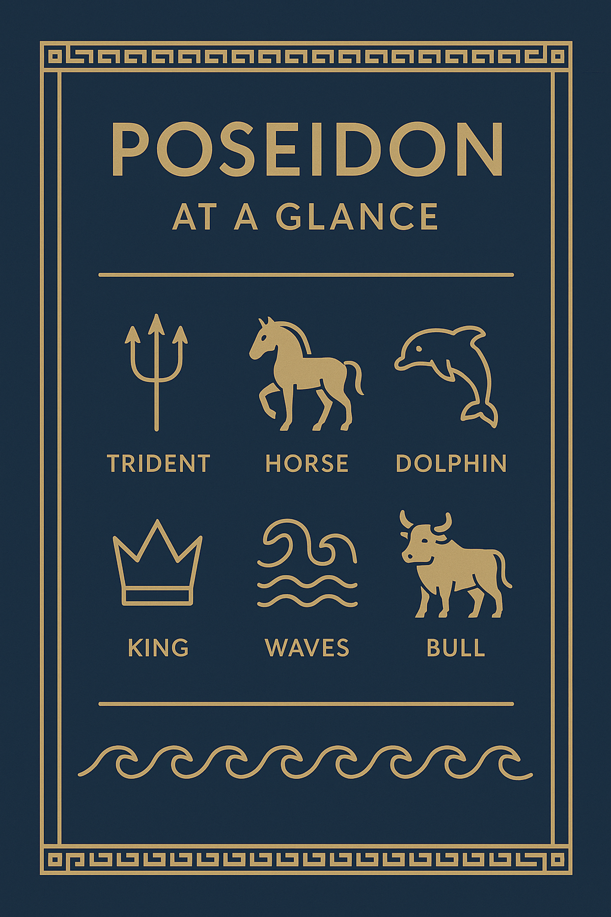 Infographic summarizing Poseidon's domain and symbols at a glance