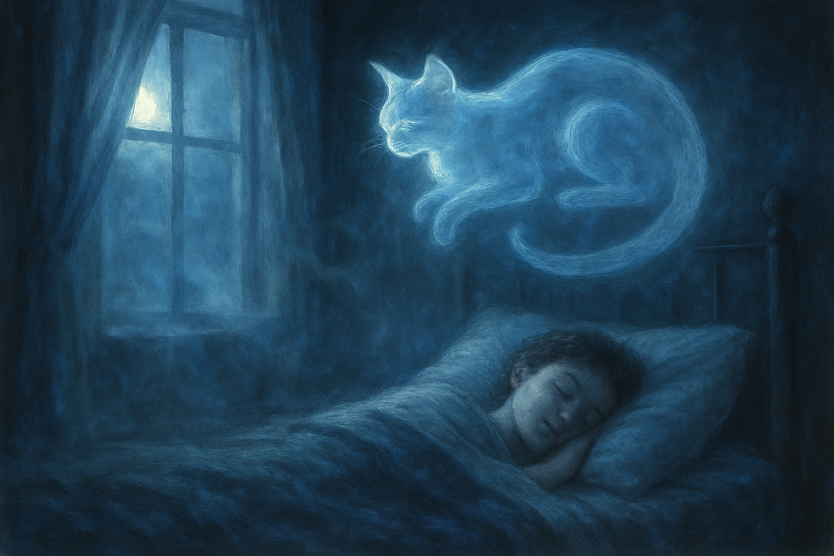 Glowing spirit cat watching over a sleeping person at night
