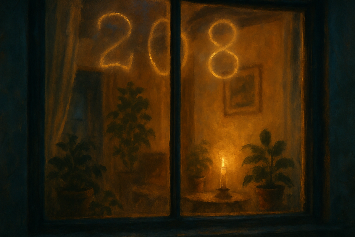 Warmly lit home window at dusk symbolizing balance between material stability and spiritual growth