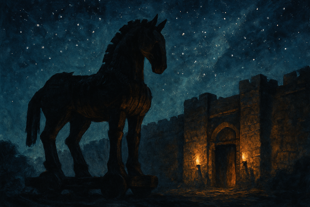 Silhouette of the Trojan horse outside ancient city walls at night