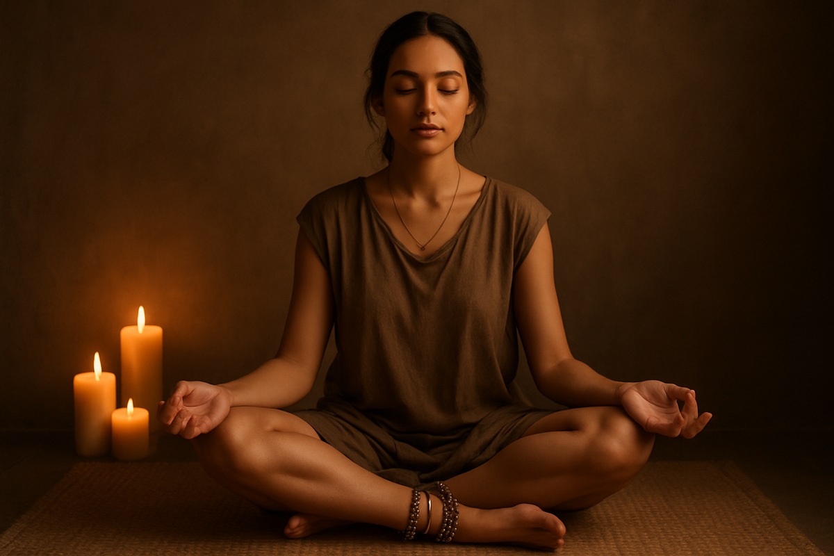 Woman wearing layered beaded and silver anklets in a meditative setting