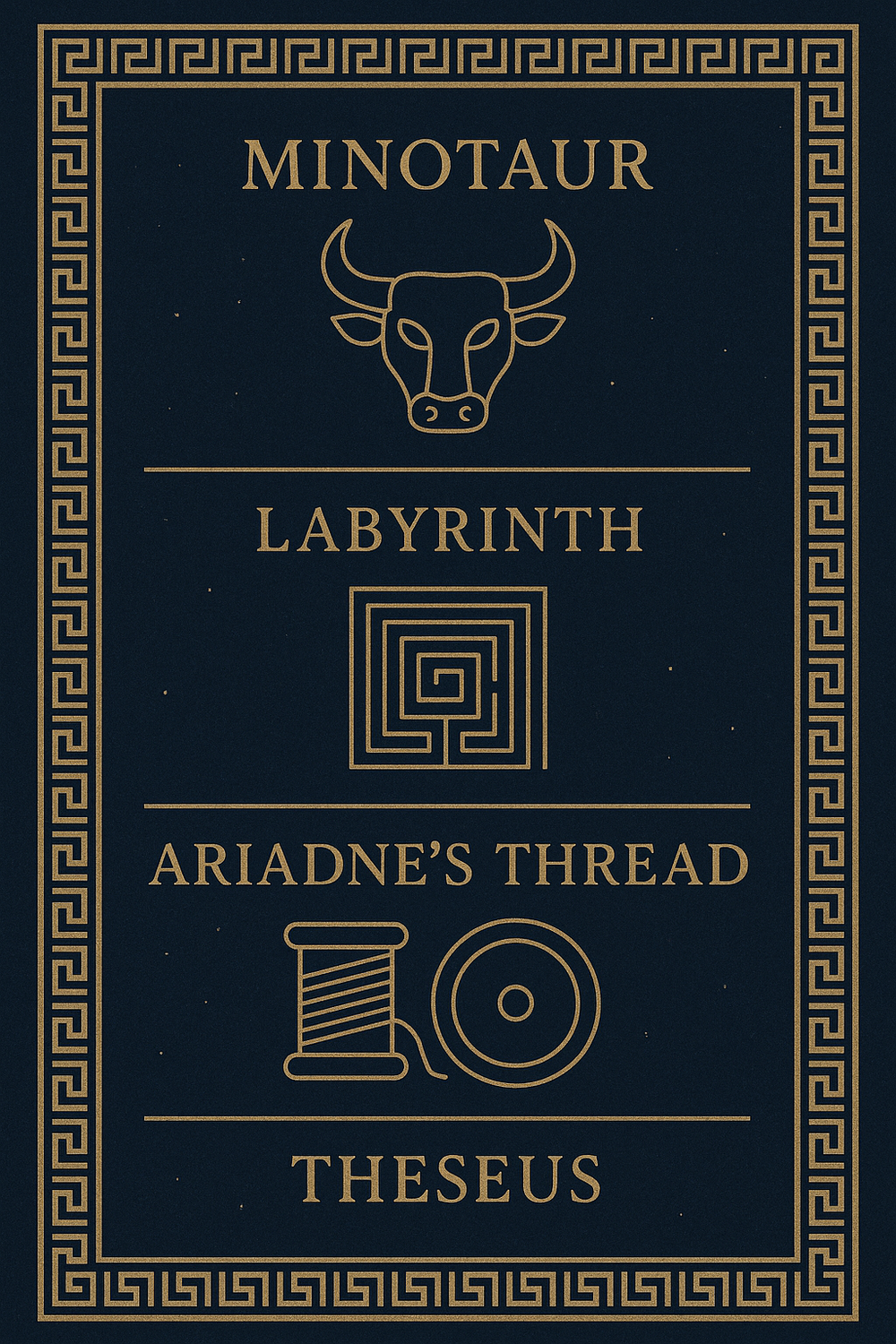 Infographic of four core Minotaur myth symbols: Minotaur, Labyrinth, Ariadne's Thread, Theseus
