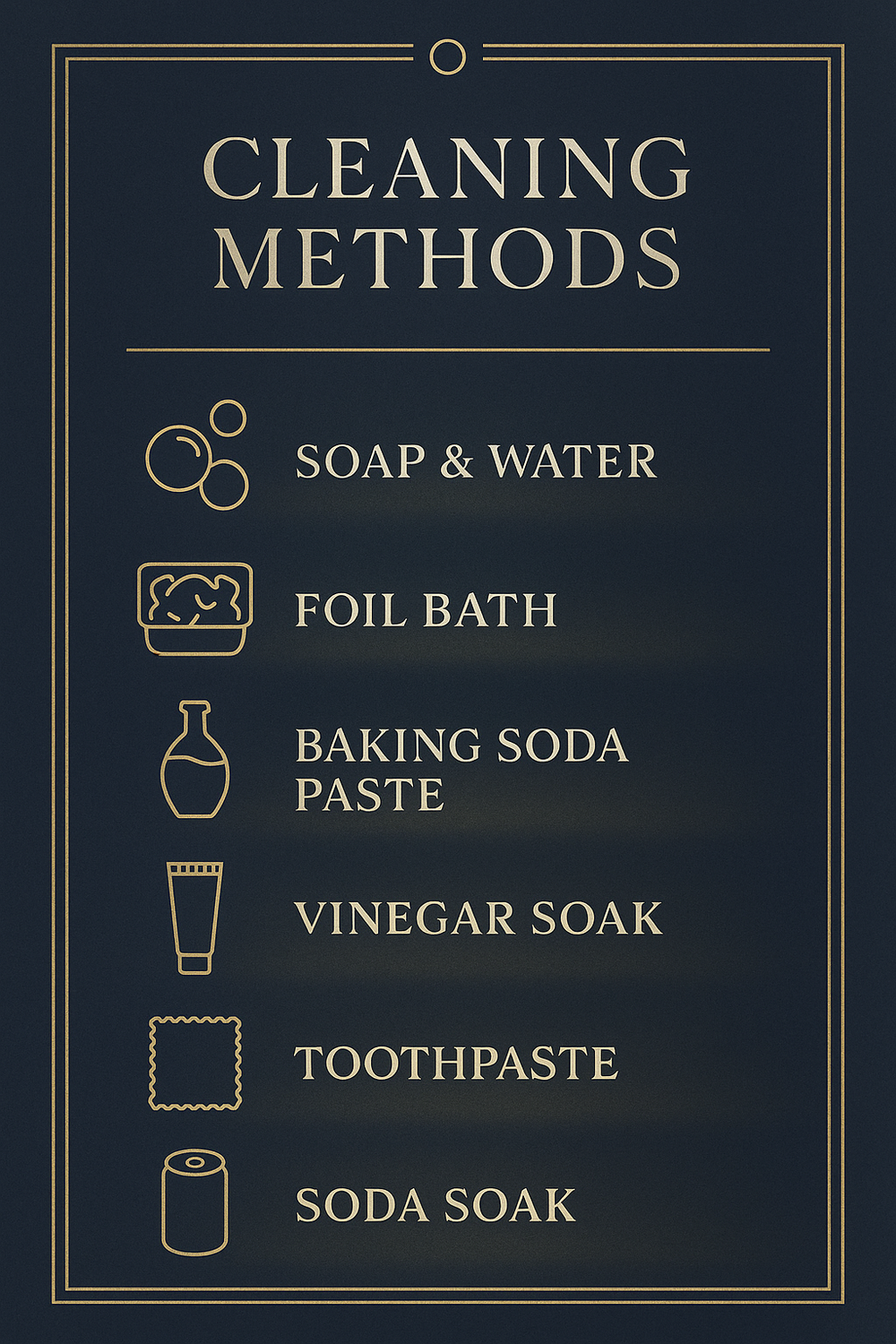 Infographic showing seven methods to clean silver jewelry at home