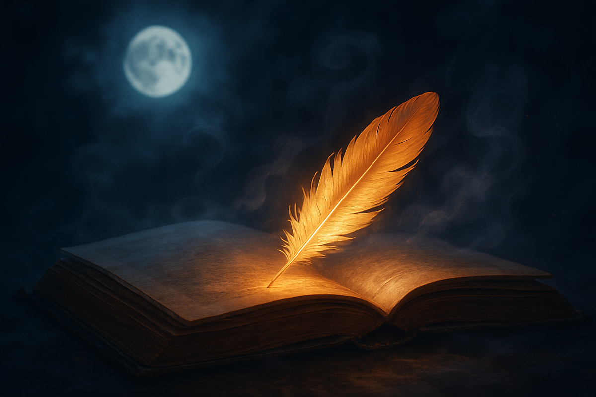 Goldene Feder auf einem alten Buch im Mondlicht als Symbol für spirituelle Botschaften