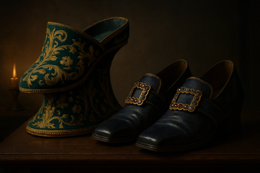 Ornate Renaissance chopines and square-toed shoes