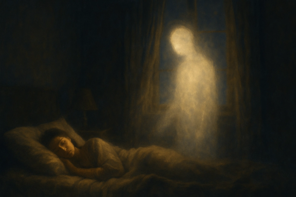 A sleeping figure bathed in soft light with a faint glowing presence beside the bed, representing a guardian angel dream